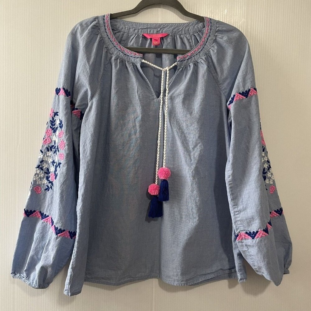 Lilly Pulitzer Keela Chambray Peasant Embroidered Pink Blue Top Sz M